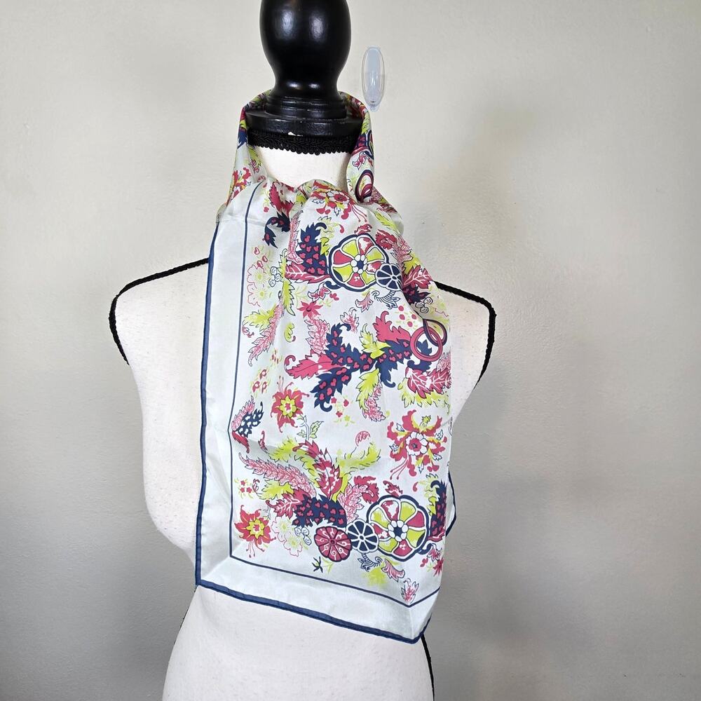 Vintage 80s June Critchfield Silk Rectangle Scarf Floral Navy Pink DAR Museum
